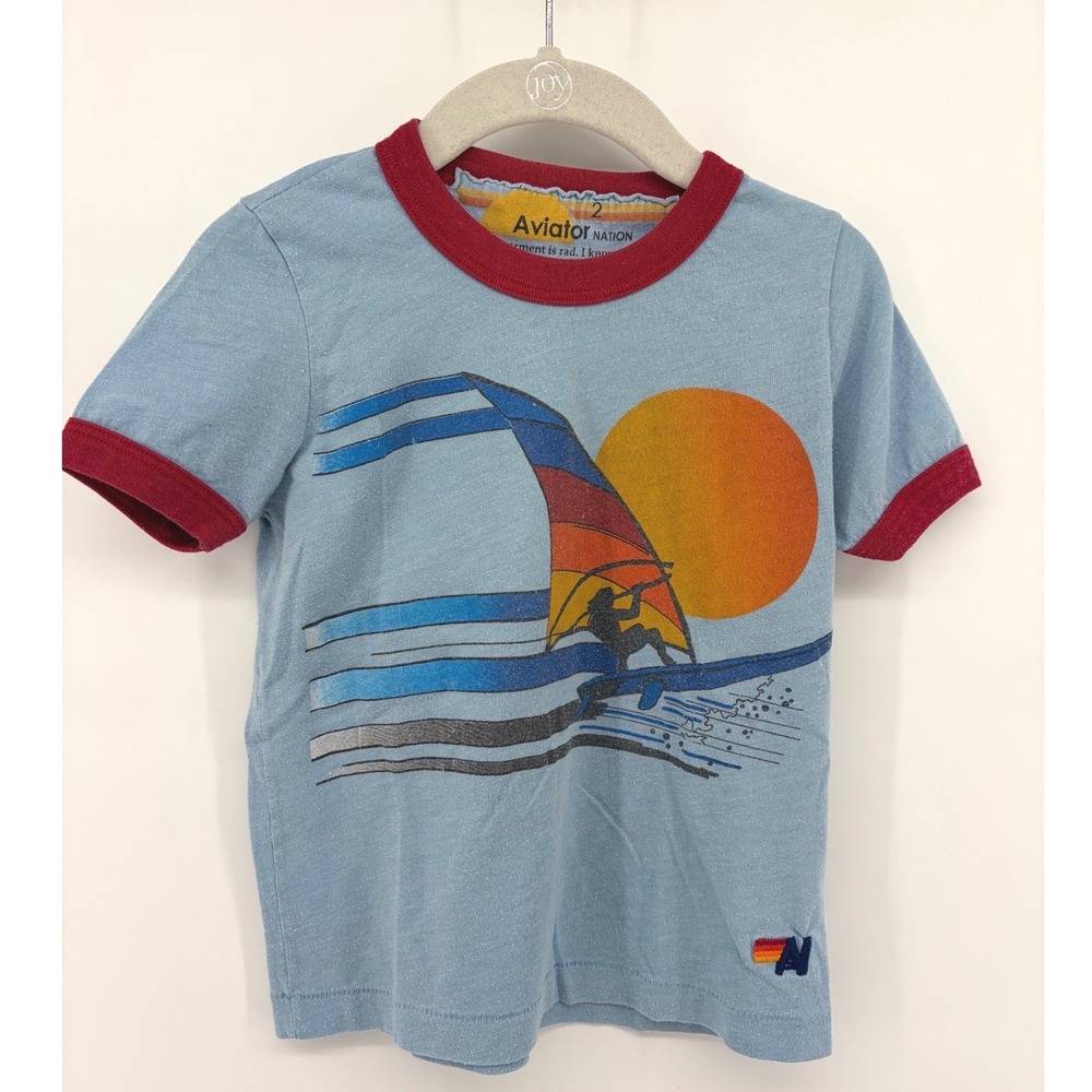 Aviator Nation Kids Windsurf Ringer T-Shirt Light Blue Red Trim Size 2 Retro EUC